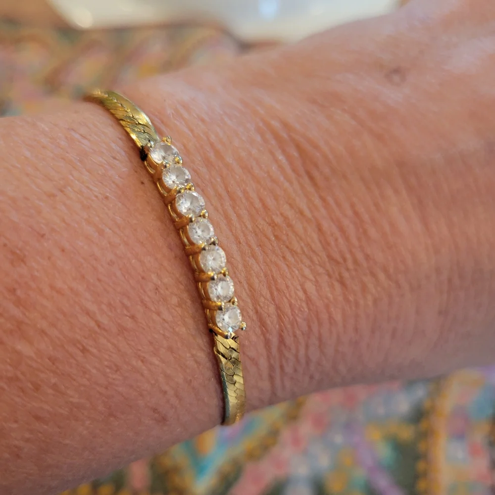 Pretty Gold-Tone Herringbone Bracelet ~ Rhinestone ~ Elegant